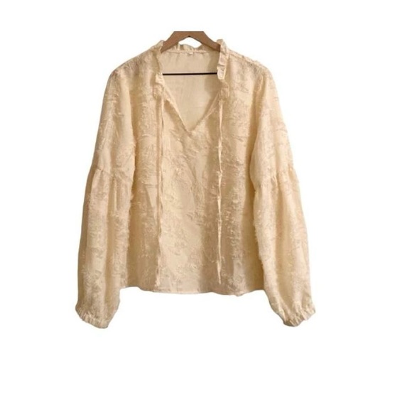 Nude / Apricot Textured Balloon Sleeve Frill Neck Blouse - Picture 2 of 4